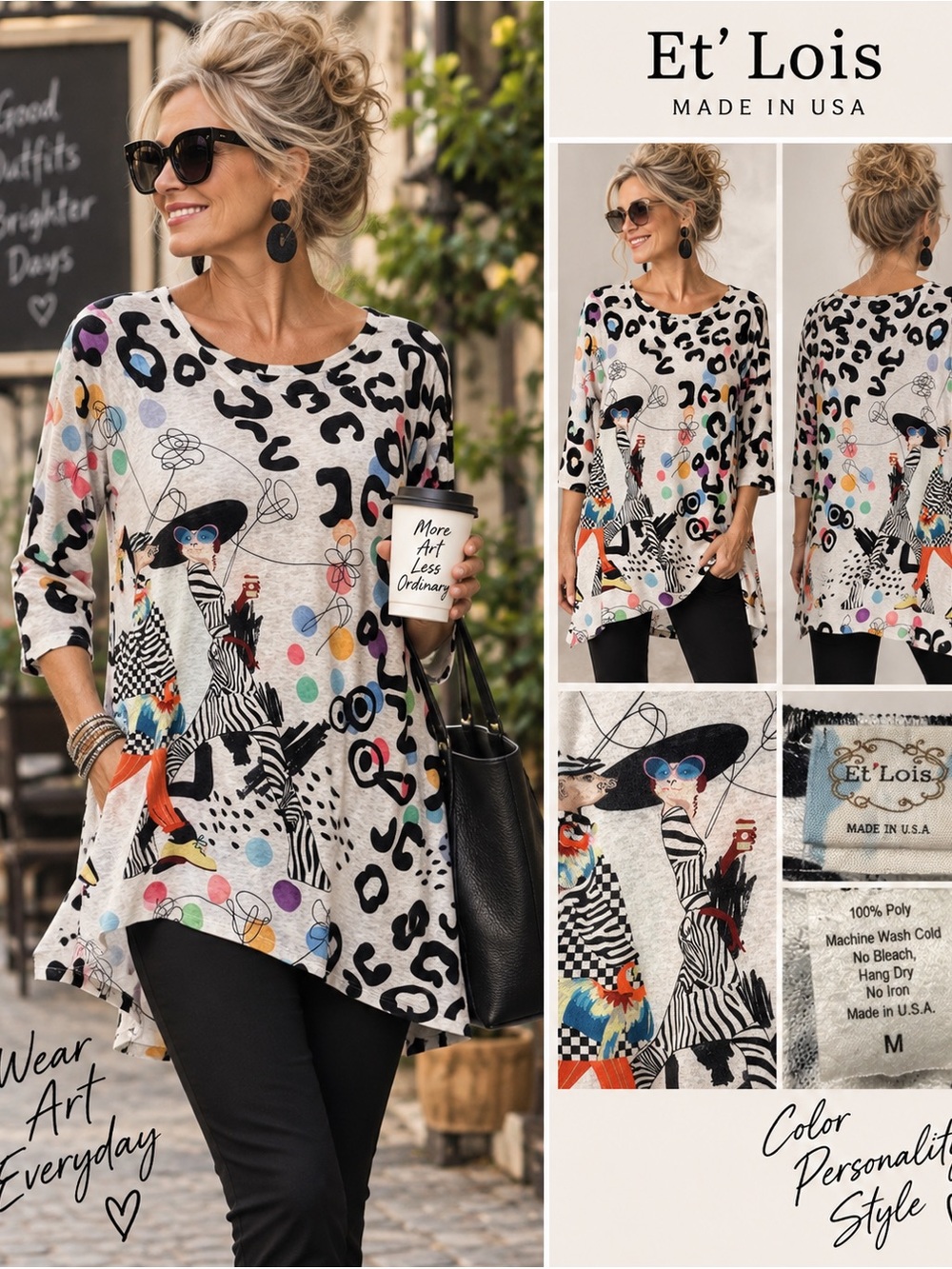Et’ Lois Women’s Medium Art Print Tunic Top Leopard Paris Whimsical Made USA